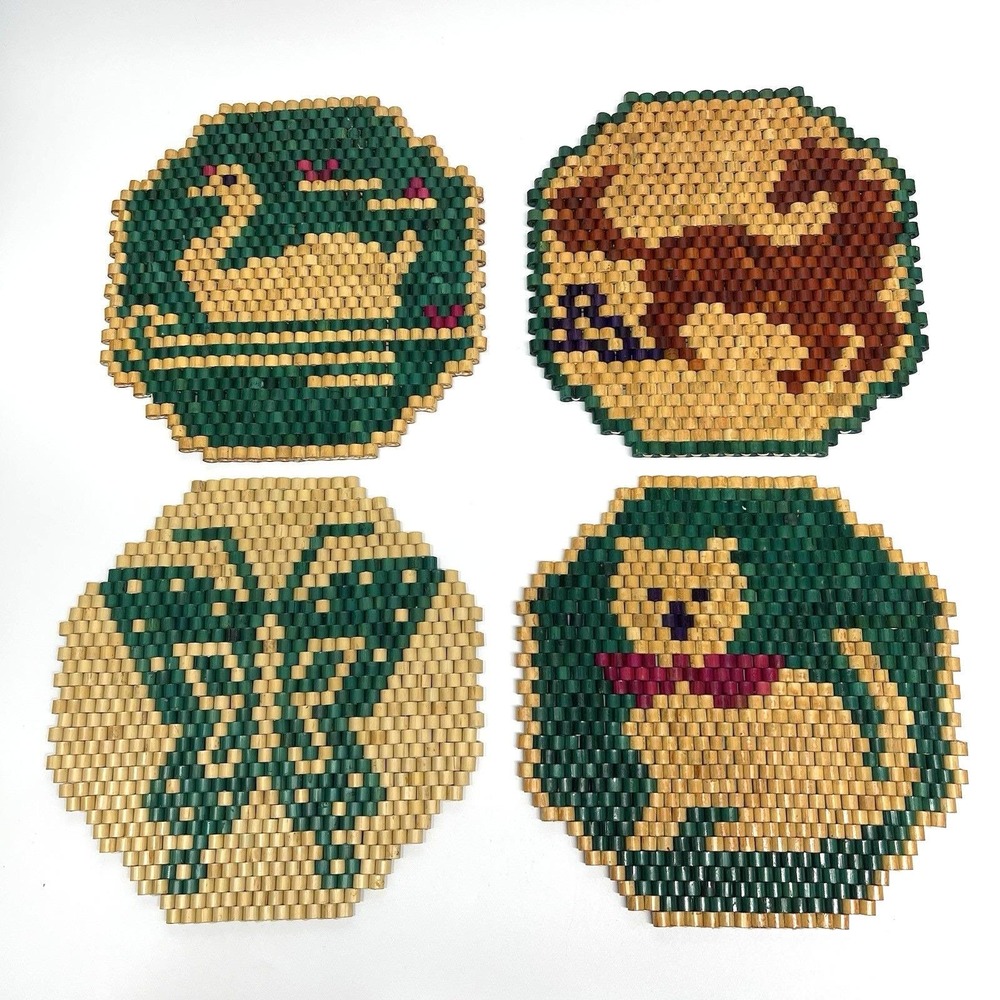 Vintage‎ Bamboo Wood Bead Trivet Hot Pad Pot Holder Set Cat Duck Horse Butterfly